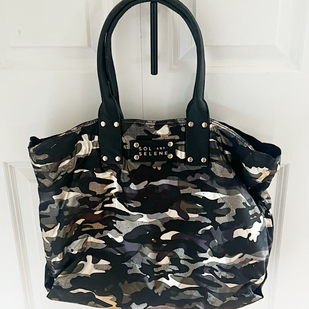 Sol and Selene It Girl Camo shimmery Tote in a metallic camo print handbag